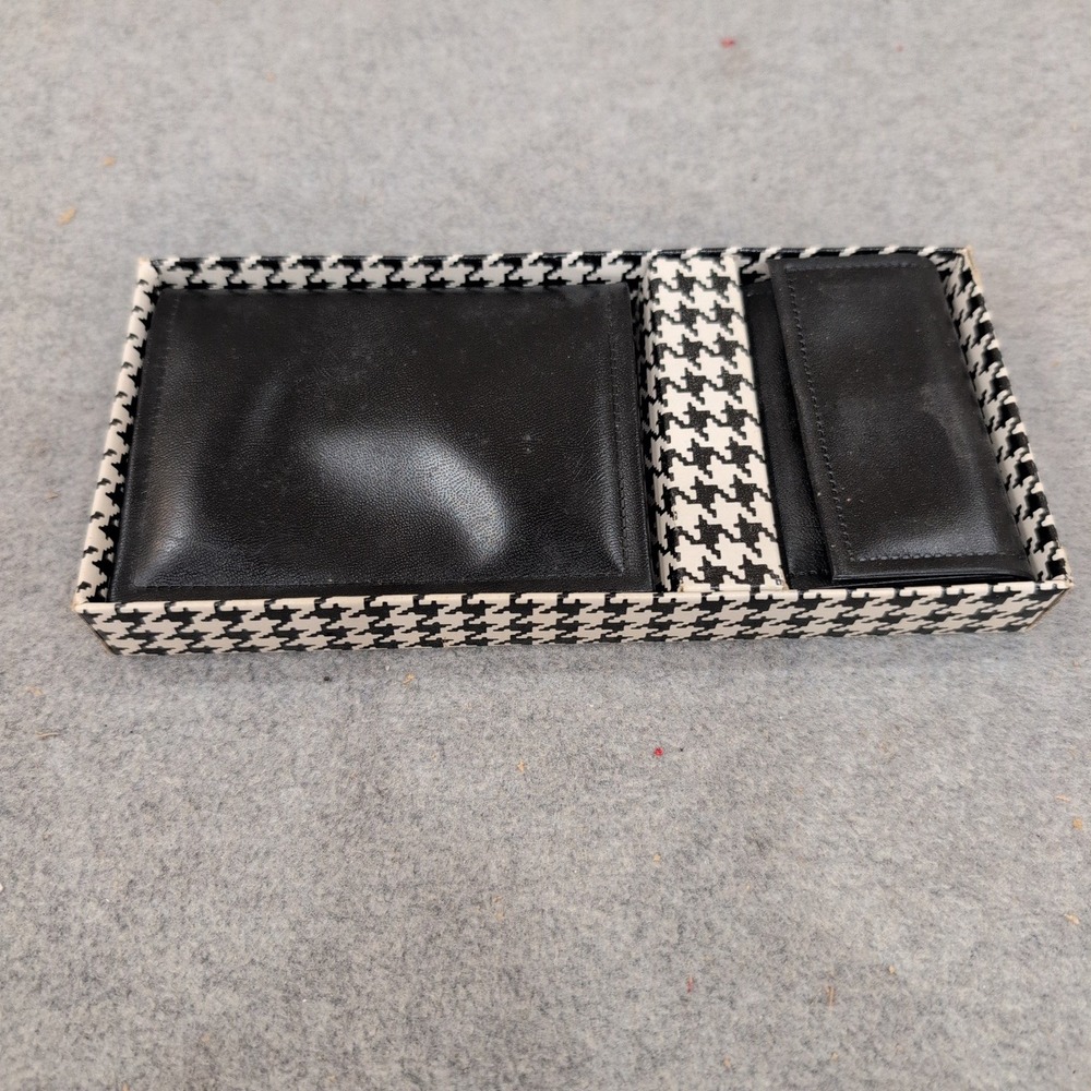 Vintage Mens Wallet and Key Case Gift Set Black Tan Houndstooth Box VG+ - Picture 1 of 6